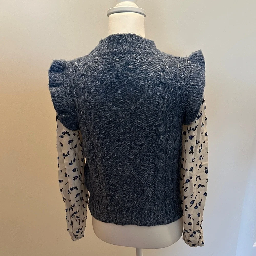 Anthropologie Heathered Blue Chunky Cable Knit Sweater with Floral Print Sleeves - Picture 4 of 5